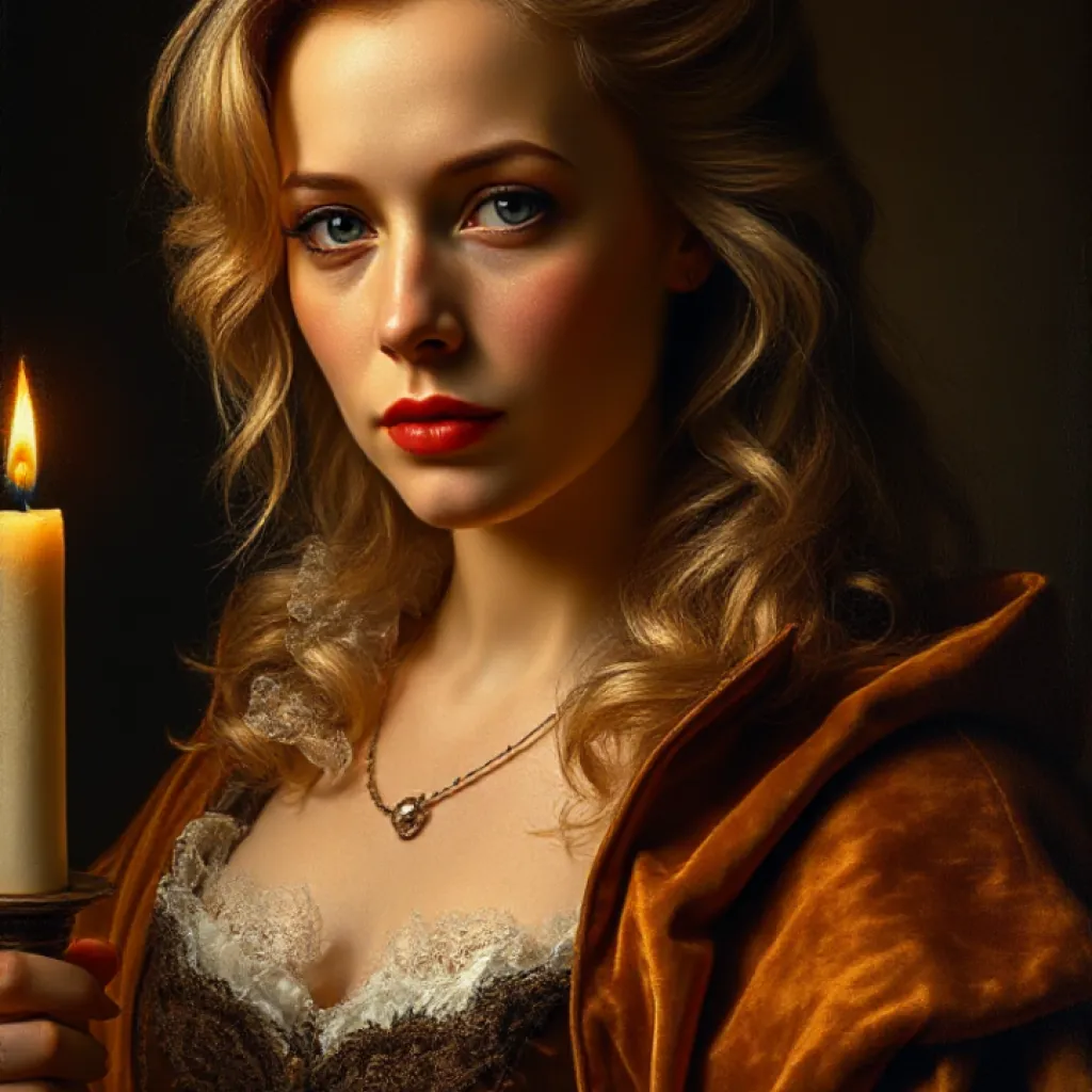Rembrandt-Inspired Portrait: Contemplative Pamela Anderson in Dutch Baroque Attire
