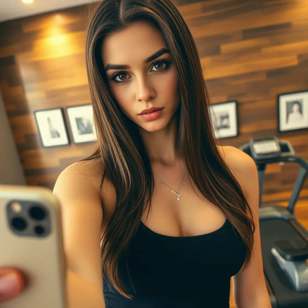 Title: Modern Fitness Selfie - Confident, Athletic Woman in High-End Gym Setting