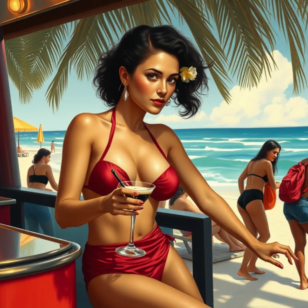 Degas-Inspired: Young Latina Mixing Cocktails at Beach