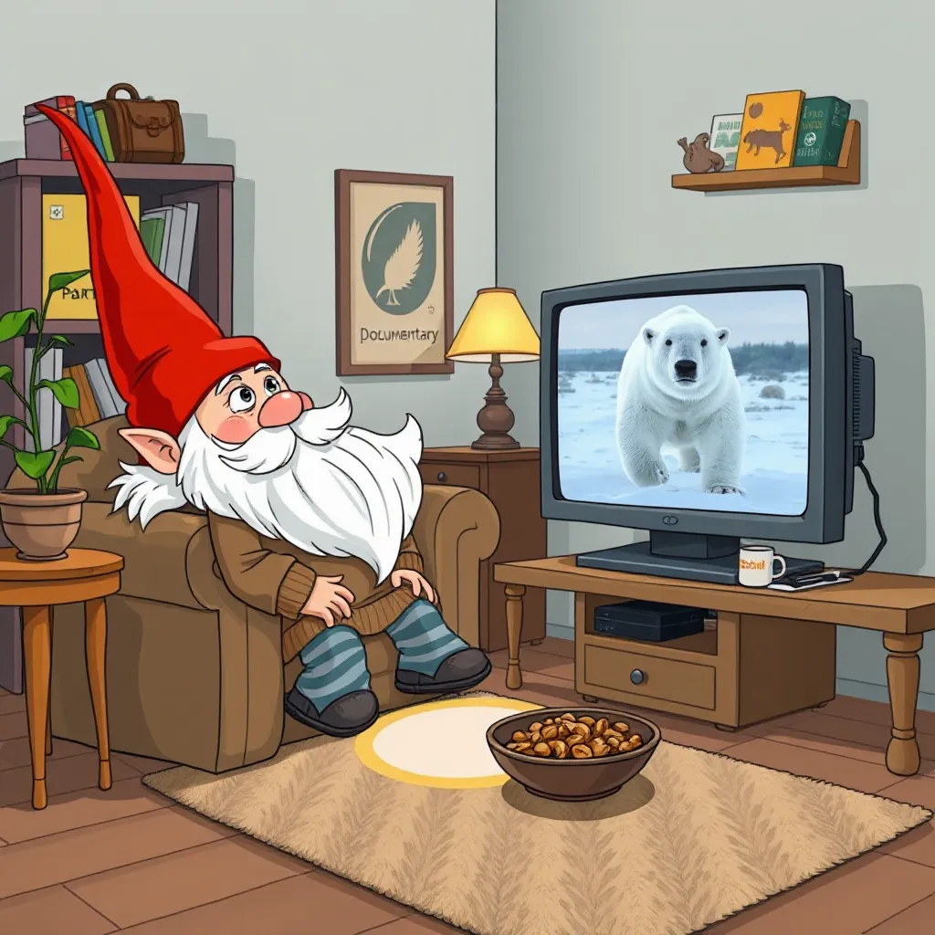 Title: "Fascinated Gnome Watches Polar Bear Documentary