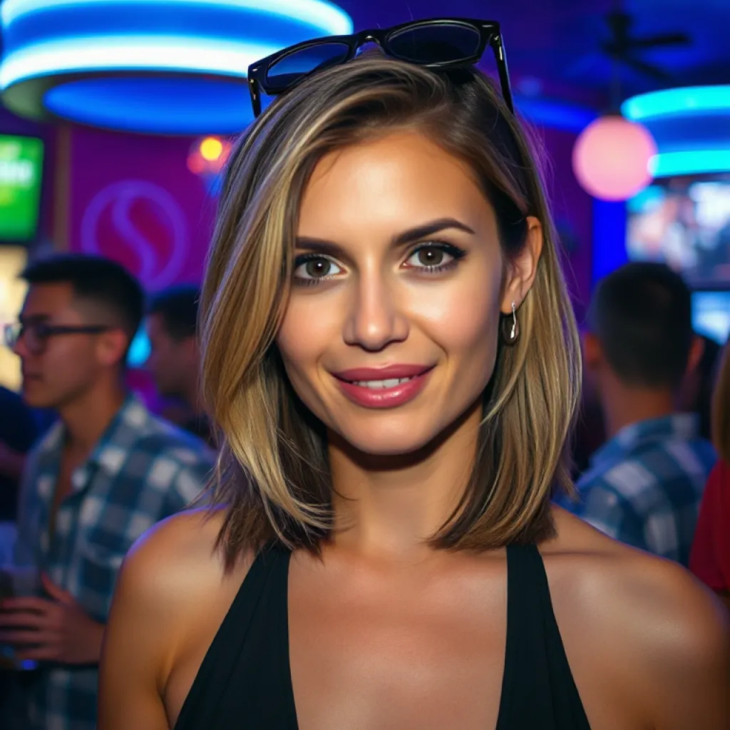 Surprised Woman in a Vibrant Bar Scene