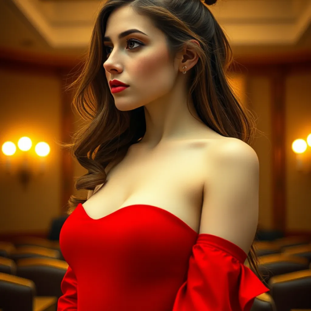 Realistic Profile: Freckled Woman in Red Dress, Bare Shoulders