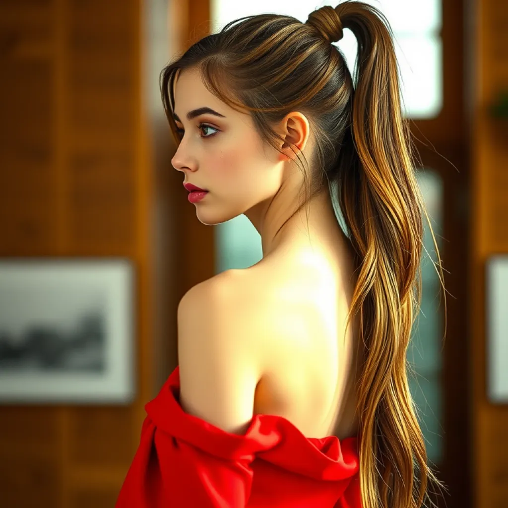 Realistic Profile: Freckled Woman in Red Dress, Indoors