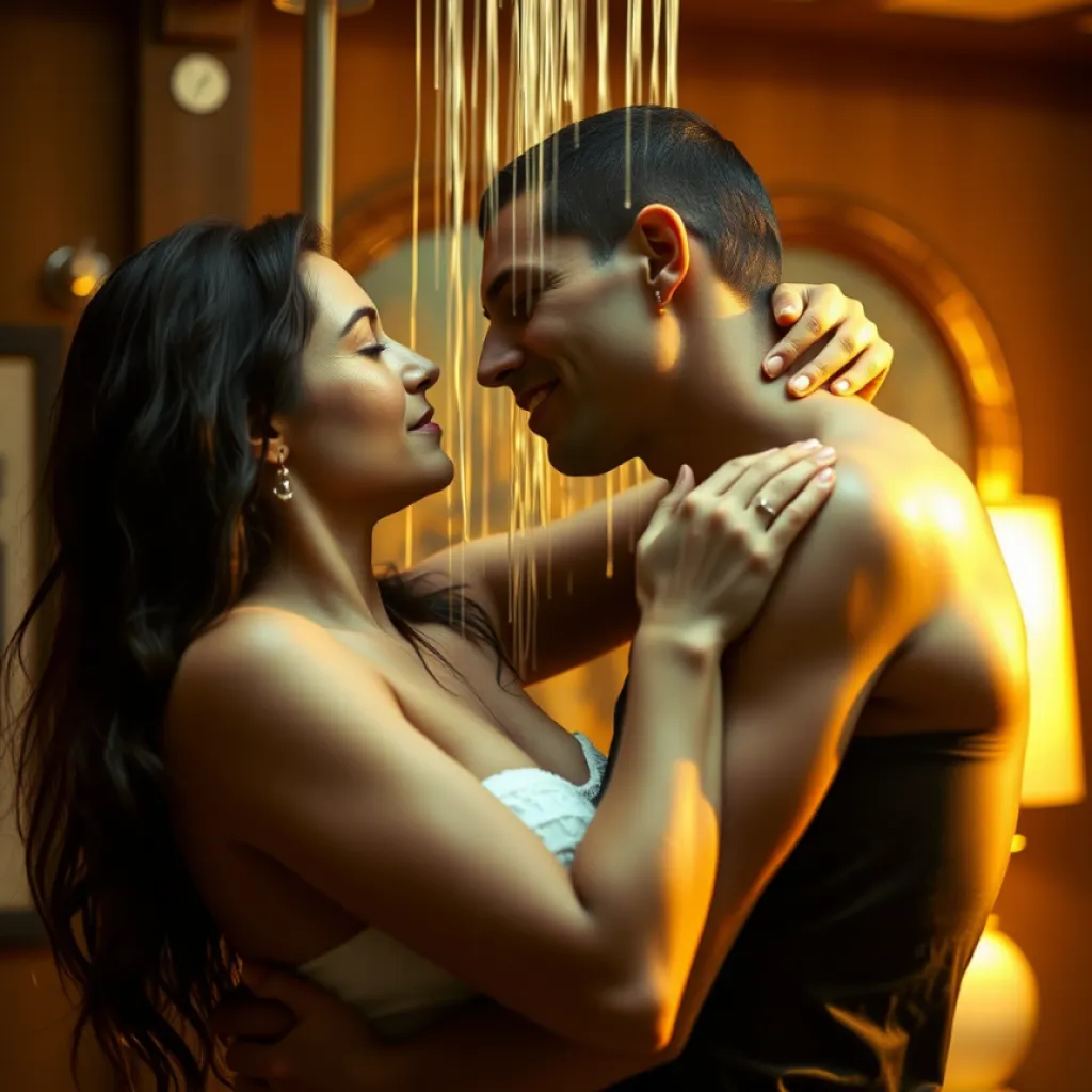 Golden Hour Embrace: Salma Hayek and Penelope Cruz - Photo-Realistic Shower Scene
