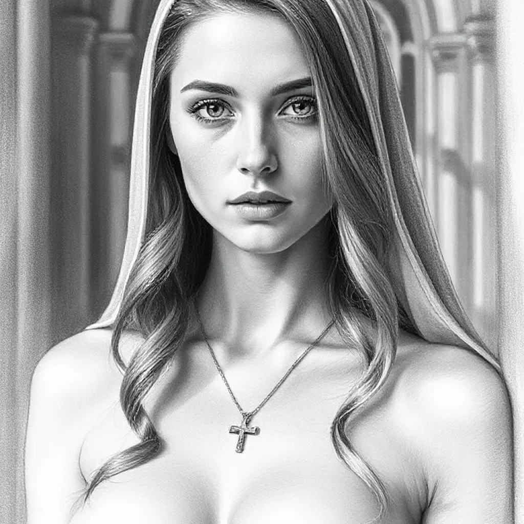 Provocative Nun Figure Study in Cinematic Greyscale Detail