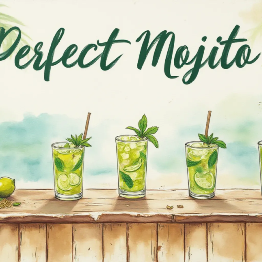 Weathered Watercolor Mural: Perfect Mojito Beach Bar Scene