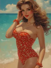 Vibrant 50s Pin-Up Beach Scene: Ekaterina Panikanova Detail