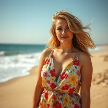 Sun-Kissed Blonde on Beach: Flowing Curls and Floral Dress