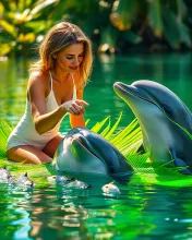 Serene Tropical Harmony: Woman with Dolphins