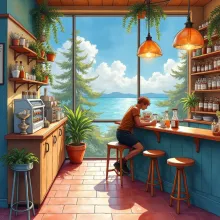 Vibrant Surreal Coffee Shop Watercolor