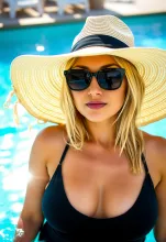 Blonde Woman Basking in Sunlit Swimming Pool