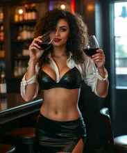 Leather-Clad Brunette Sipping Red Wine