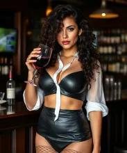 Leather-Clad Brunette Sipping Red Wine