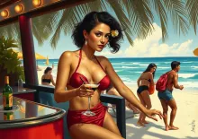 Degas-Inspired: Young Latina Mixing Cocktails at Beach