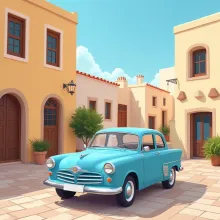 Vibrant Greek Scene: Light Blue Triumph Mayflower