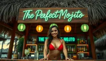 Title: "Golden Hour at The Perfect Mojito: A Vibrant Tropical Bar Scene