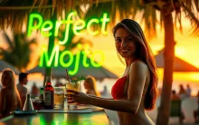 Titled: "Perfect Mojito Beach Bar Sunset - Vibrant Neon Glow and Engaging Bartender