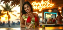 Golden Hour: Inviting Beach Bar at Sunset - 'Perfect Mojito' Neon Sign