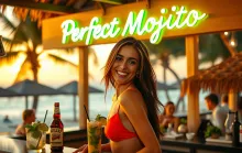 Vibrant Sunset Beach Bar: Perfect Mojito Sign Glows Above Expert Mixologist