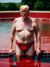 Trump in Red Bikini, Full-Body Shot, Poolside High Detail