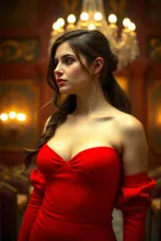 Realistic Profile: Freckled Woman in Red Dress, Bare Shoulders, Indoors