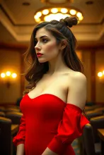 Realistic Profile: Freckled Woman in Red Dress, Bare Shoulders
