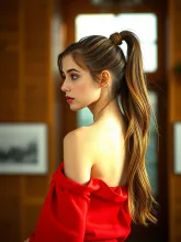 Realistic Profile: Freckled Woman in Red Dress, Indoors