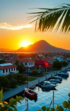 Vibrant Caribbean Colonial Village Scene at Golden Hour