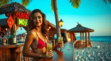 Vibrant Outdoor Scene: Perfect Mojito Beach Bar with Latina Bartender