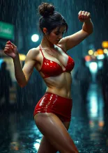 Detailed Image: Wet Lady Dancing in Heavy Rain, Red Latex Two-Piece
