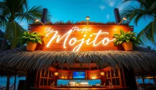 Tropical Beach Bar Scene: 'The Perfect Mojito' with Neon Signage