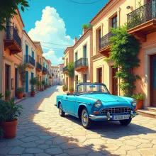Vibrant Comic-Style Mayflower in Ancient Greek Cityscape