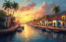 Vibrant Colonial Village Sunset - Caribbean Impressionism