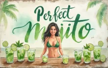 Weathered Watercolor Mural: Perfect Mojito Beach Bar Scene