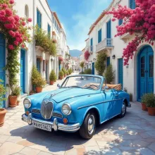 Vibrant Watercolor: Light Blue Triumph Mayflower in Old Greek Townscape
