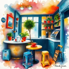 Vibrant Watercolor Coffee Shop with Surreal Elements

Or alternatively:
Surreal Vibrant Watercolor Coffee Shop