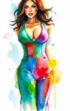 Vibrant Watercolor Portrait: Nigella Lawson in Low-Cut Bathing Suit