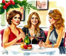 Watercolor Trio Dining in Italian Restaurant