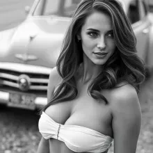 Title: "Vintage Allure: Confident Glamour on the Roadside