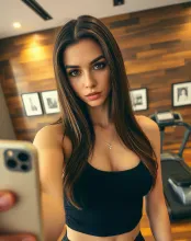 Title: Modern Fitness Selfie - Confident, Athletic Woman in High-End Gym Setting