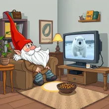 Title: "Fascinated Gnome Watches Polar Bear Documentary