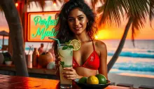 Title: "Luxurious Tropical Evening: Latina Beauty at the Perfect Mojito Bar