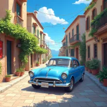 Vibrant Anime Scene: Light Blue Triumph Mayflower in Ancient Greek Town