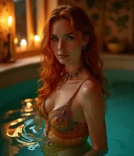 Title: "Enchantress in the Turkish Bathhouse: A Vibrant Cinematic Portrait