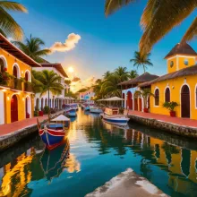 Vibrant Colonial Caribbean Village at Golden Hour