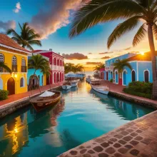 Vibrant Caribbean Colonial Village Scene at Golden Hour - Detailed HDR UHD Photography