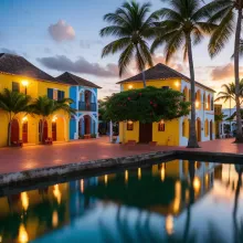 Vibrant Colonial Caribbean Village Scene at Golden Hour - High-Definition Wide Angle Shot