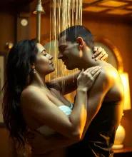 Golden Hour Embrace: Salma Hayek and Penelope Cruz - Photo-Realistic Shower Scene