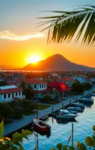 Vibrant Caribbean Colonial Village Scene at Golden Hour