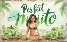 Weathered Watercolor Mural: Perfect Mojito Beach Bar Scene